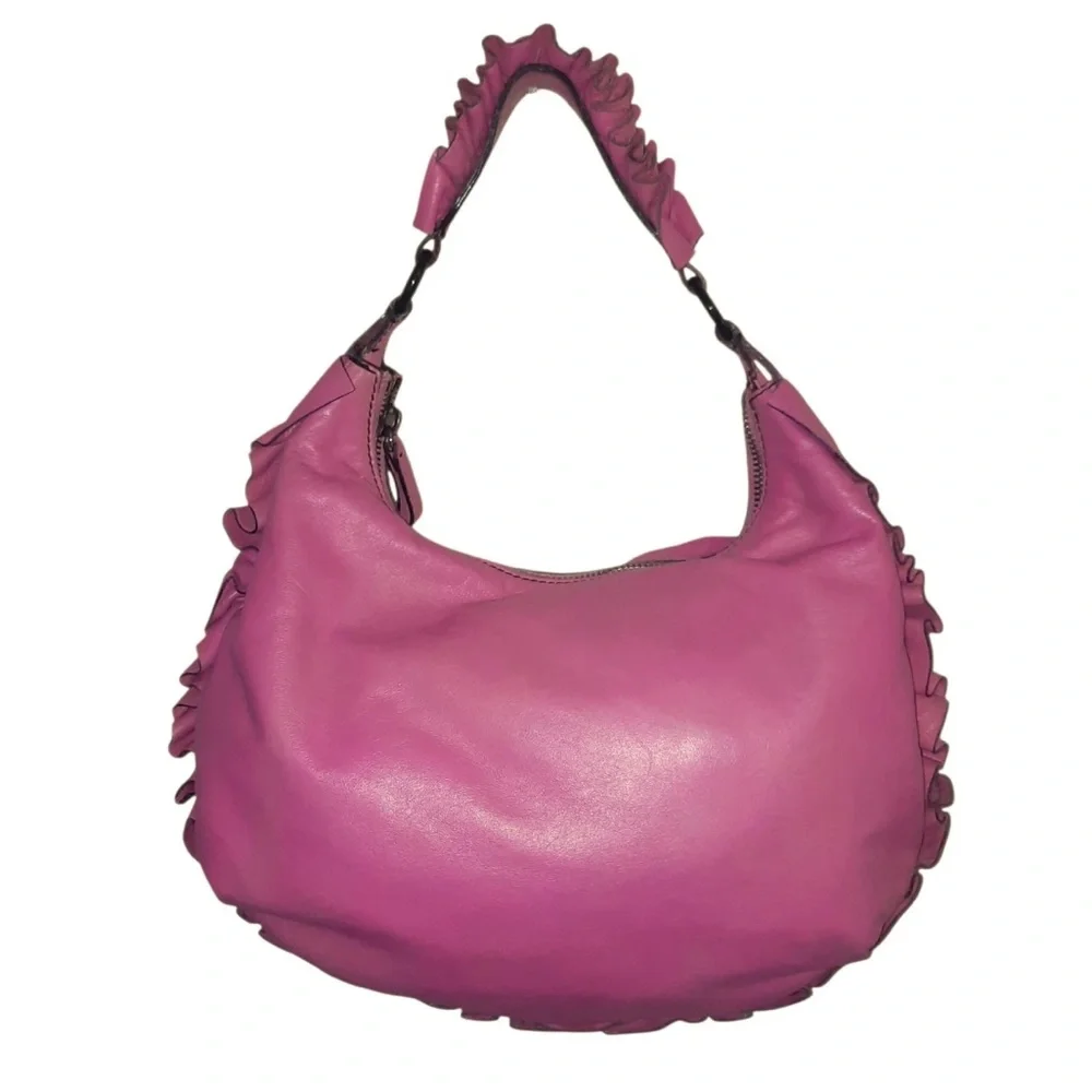 🎀 VALENTINO GARAVANI Ruffle Trimmed Nappa Leather Hobo Shoulder Bag- Hot Pink